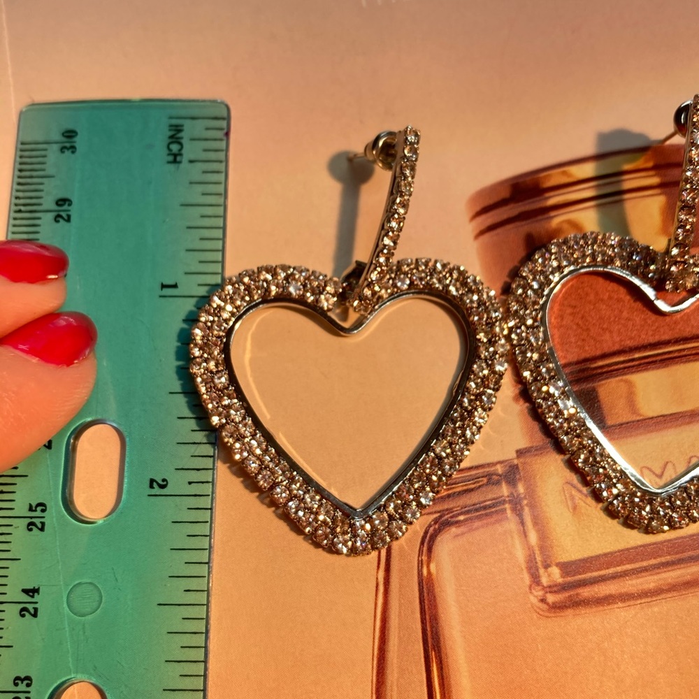 Big Silver Rhinestone Heart  Earrings - Picture 4 of 4
